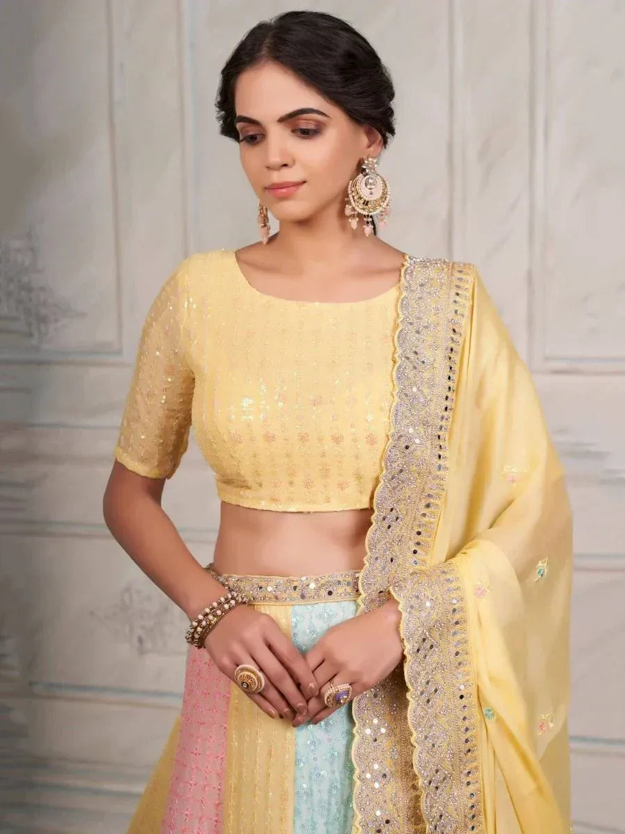 Yellow sequin lehenga choli with embroidered dupatta, perfect for Indian ethnic wear occasions