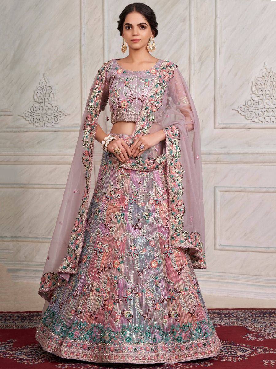 Pink floral embroidered lehenga choli with dupatta, Indian ethnic wear for weddings and occasions