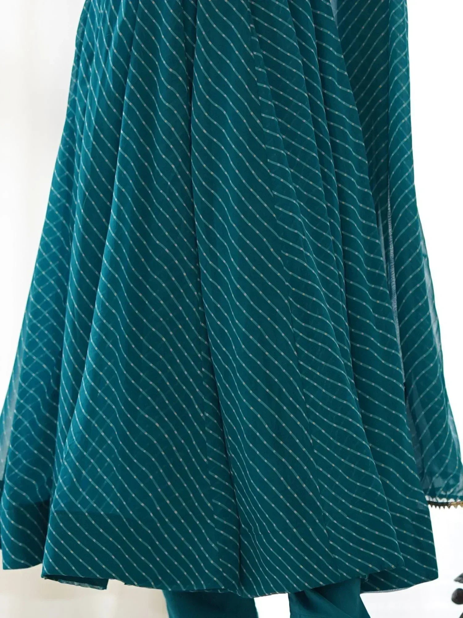Teal ethnic gown with diagonal stripe pattern, flowing pleated skirt for Indian wear