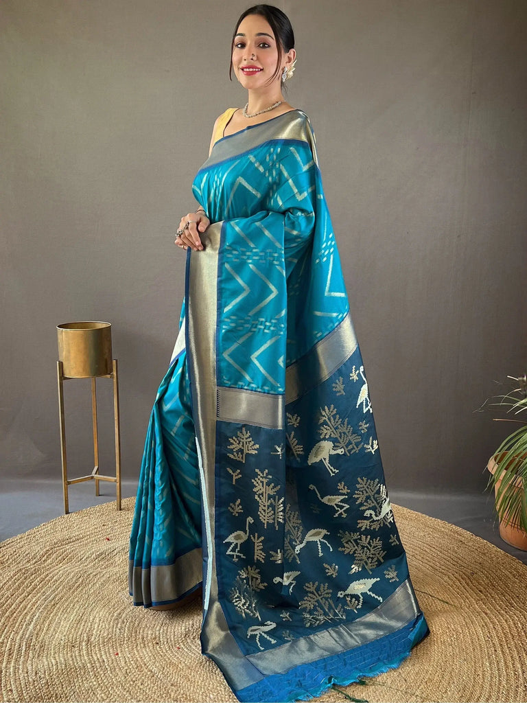 Beautiful Teal Blue Printed Silk Wedding Wear Saree With Blouse