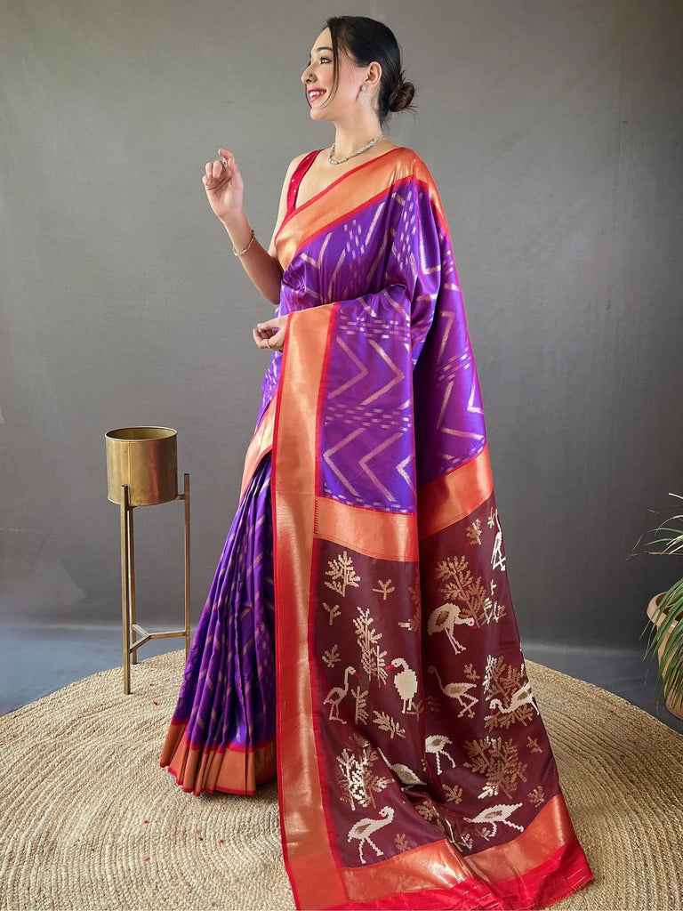 Pretty Violet Color Silk Wedding Wear Saree With Blouse