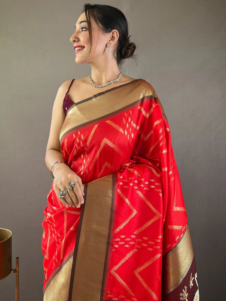 Precious Red Zari Weaving Silk Festival Wear Saree With Blouse