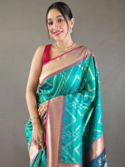 Incredible Sea Geen Zari Weaving Silk Festival Wear Saree With Blouse