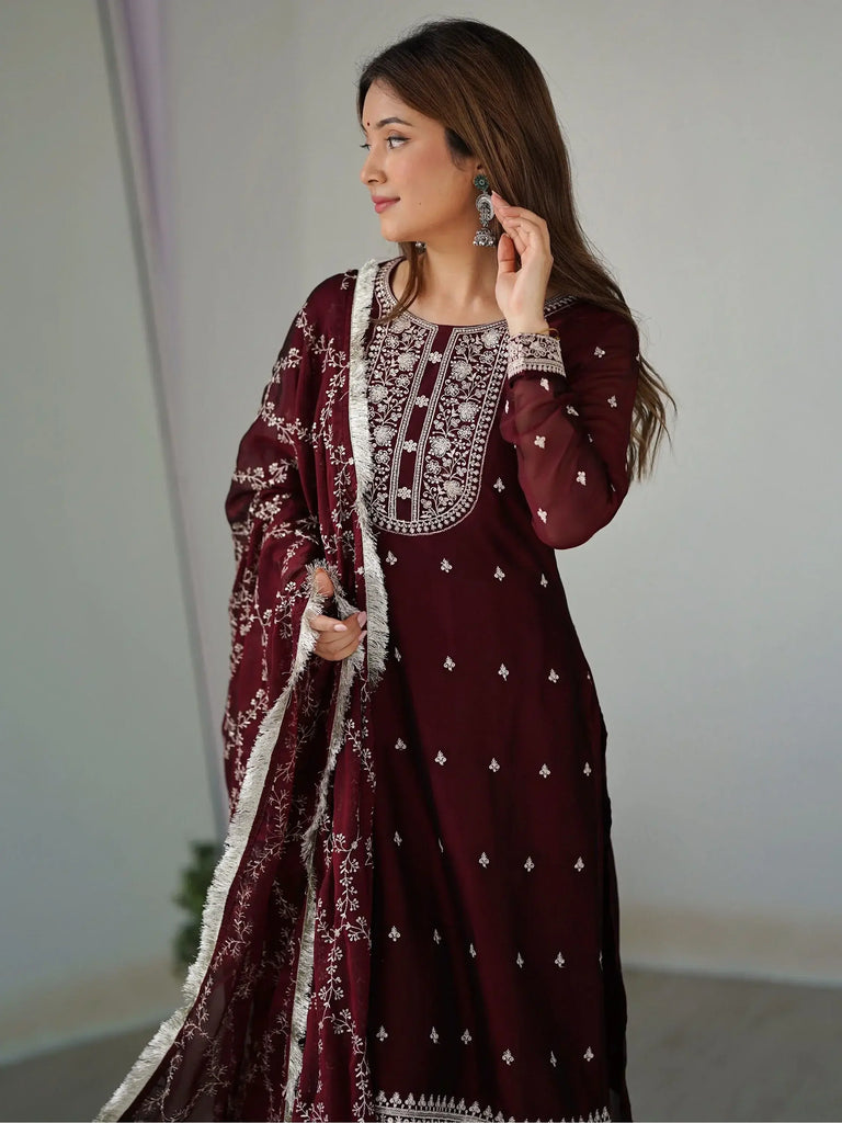 Superb Maroon Thread Work Silk Reception Wear Pant Suit With Dupatta