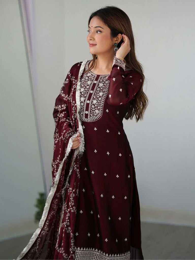Superb Maroon Thread Work Silk Reception Wear Pant Suit With Dupatta