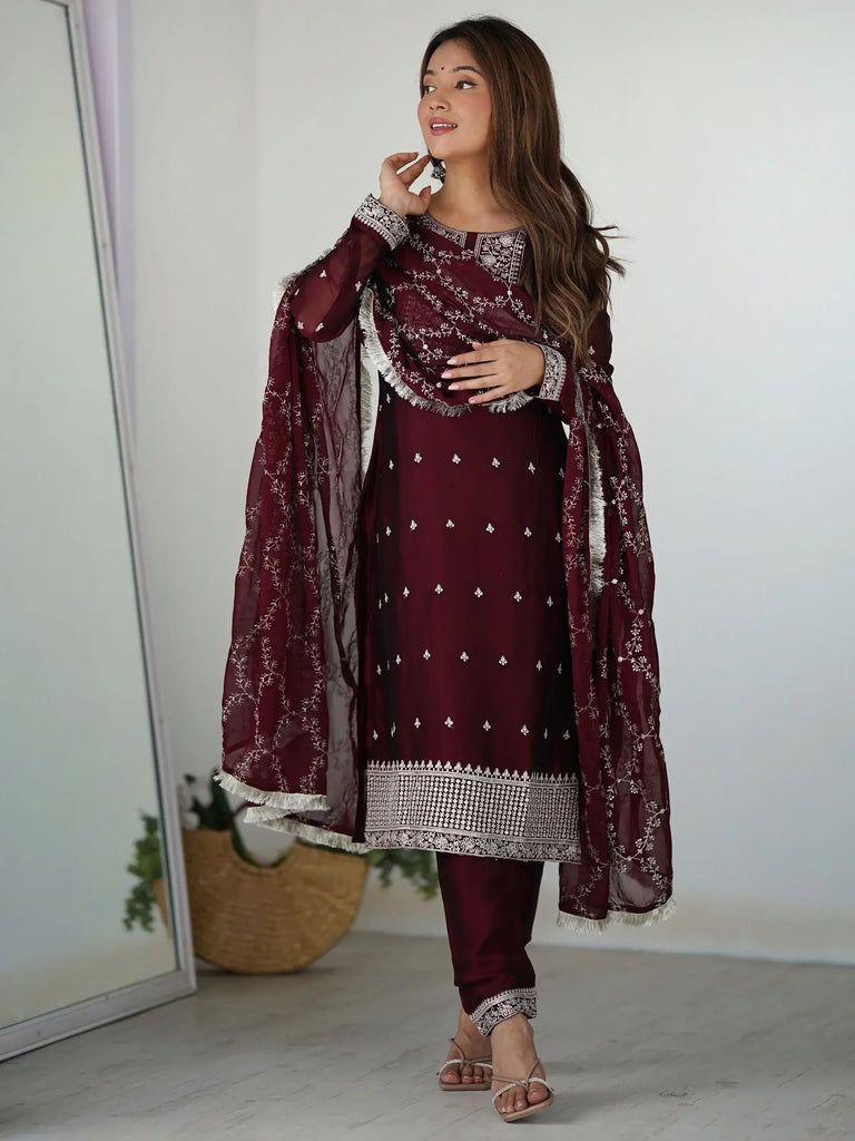 Superb Maroon Thread Work Silk Reception Wear Pant Suit With Dupatta