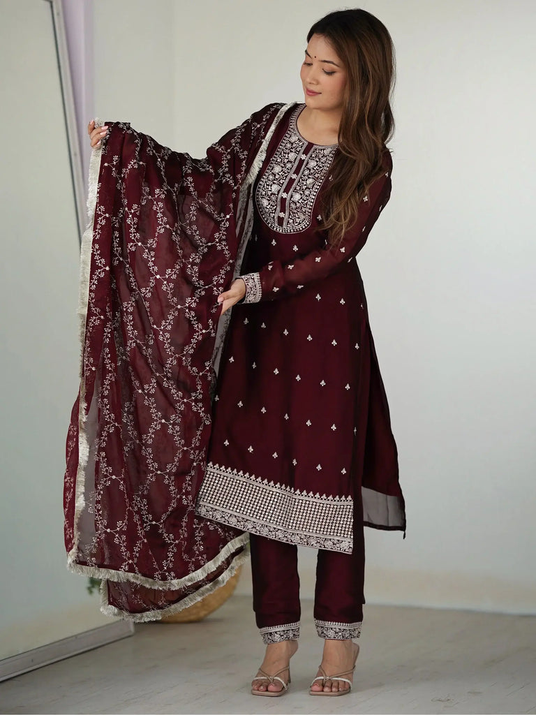 Superb Maroon Thread Work Silk Reception Wear Pant Suit With Dupatta