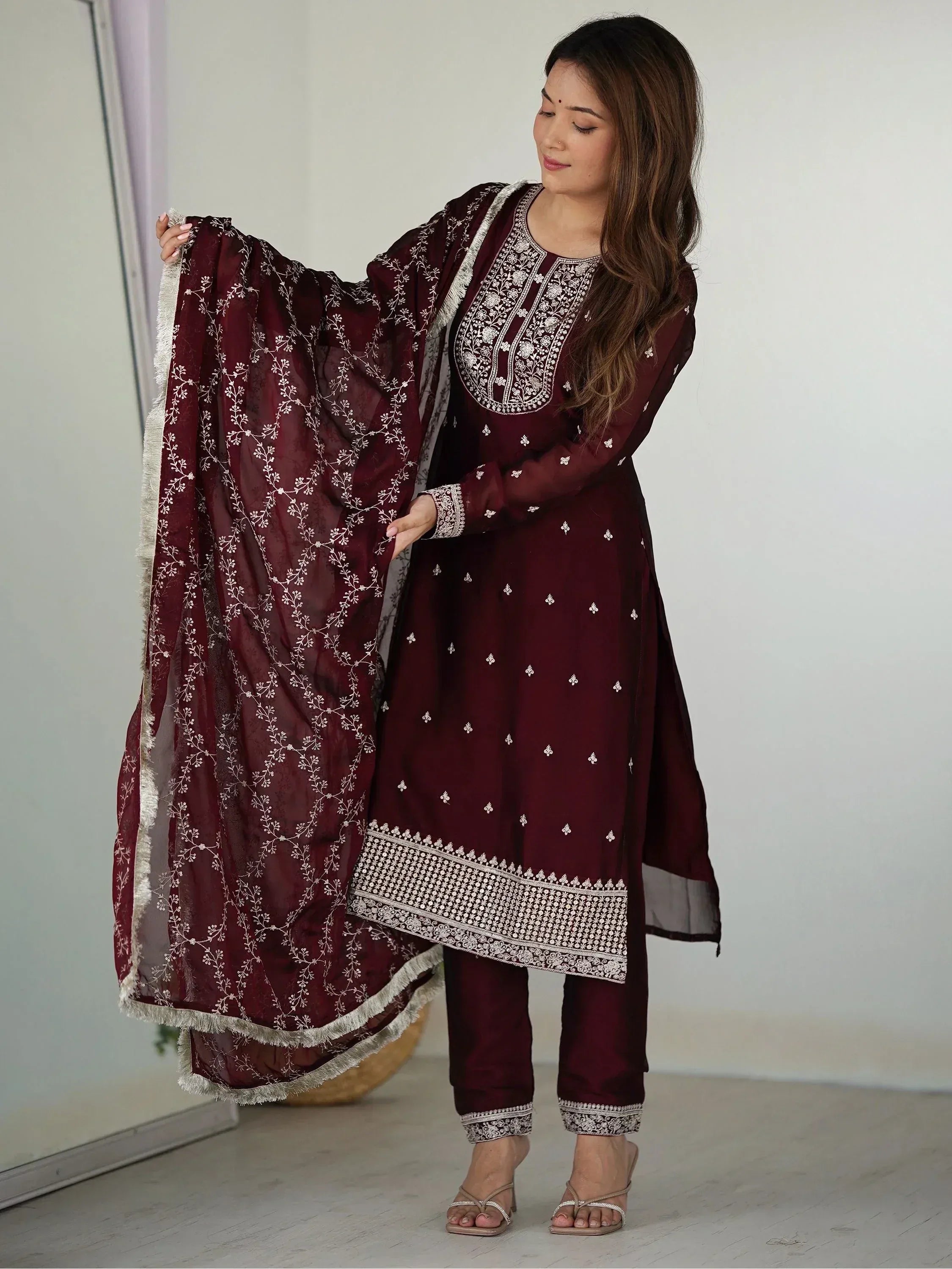 Maroon embroidered salwar kameez with matching dupatta, Indian ethnic wear for women