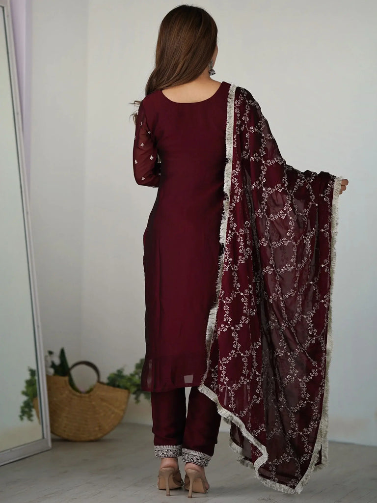 Superb Maroon Thread Work Silk Reception Wear Pant Suit With Dupatta