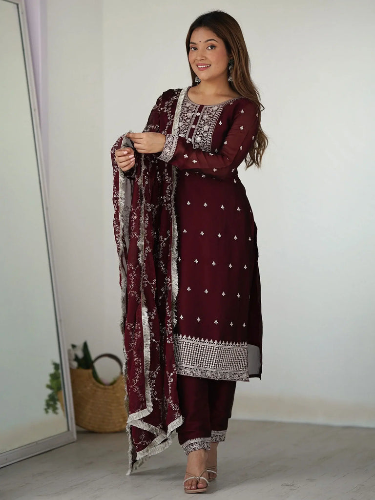 Superb Maroon Thread Work Silk Reception Wear Pant Suit With Dupatta
