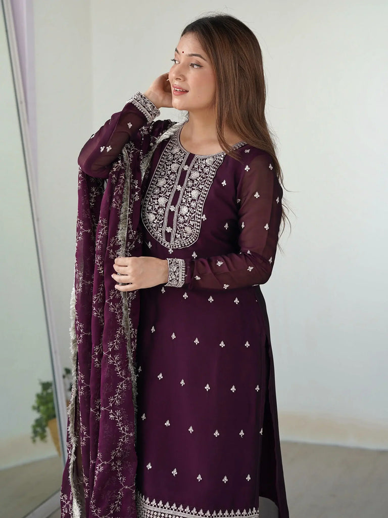 Amazing Purple Thread Work Silk Function Wear Pant Suit With Dupatta
