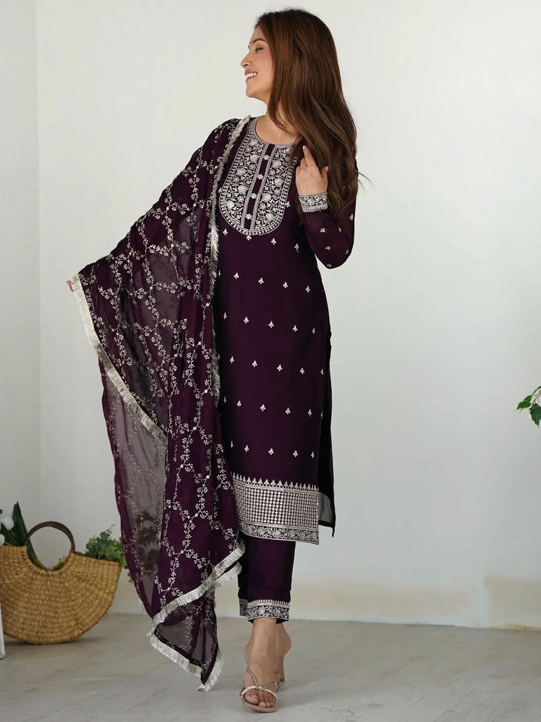 Amazing Purple Thread Work Silk Function Wear Pant Suit With Dupatta
