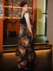 Astonishing Black Floral Printed Organza Party Wear Saree With Blouse