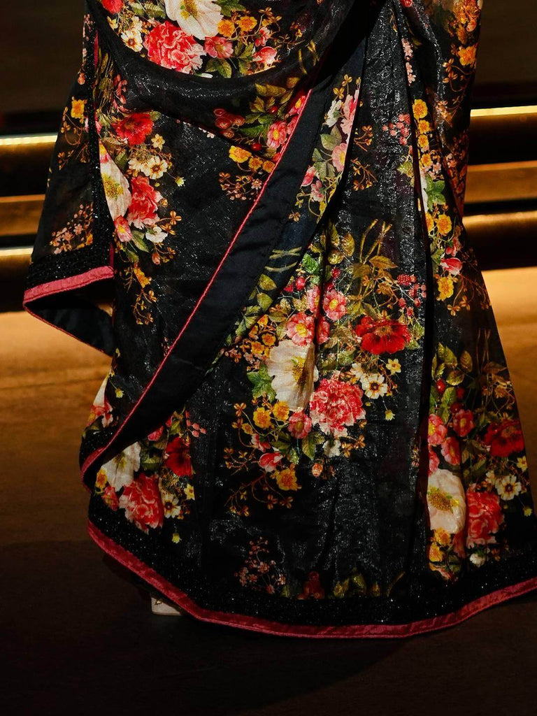 Astonishing Black Floral Printed Organza Party Wear Saree With Blouse