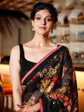 Astonishing Black Floral Printed Organza Party Wear Saree With Blouse