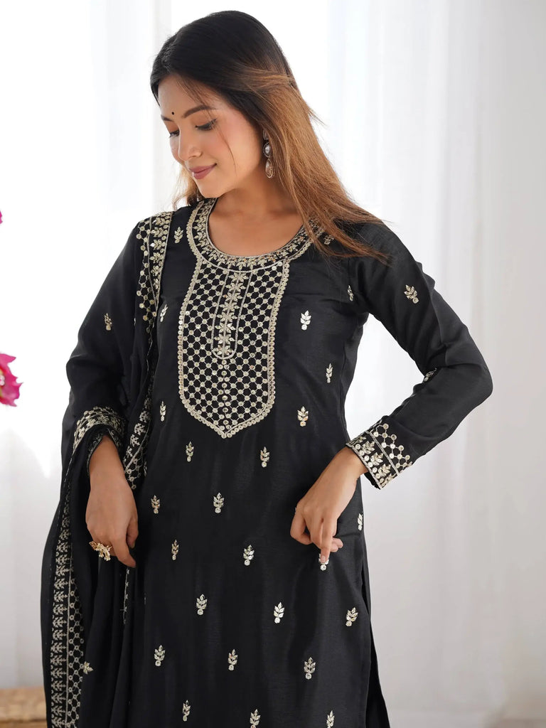 Impressive Black Sequins Chinon Silk Festive Wear Palazzo Suit With Dupatta