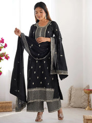 Impressive Black Sequins Chinon Silk Festive Wear Palazzo Suit With Dupatta