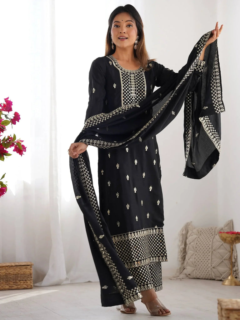 Impressive Black Sequins Chinon Silk Festive Wear Palazzo Suit With Dupatta