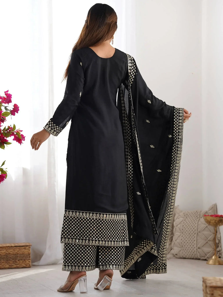 Impressive Black Sequins Chinon Silk Festive Wear Palazzo Suit With Dupatta