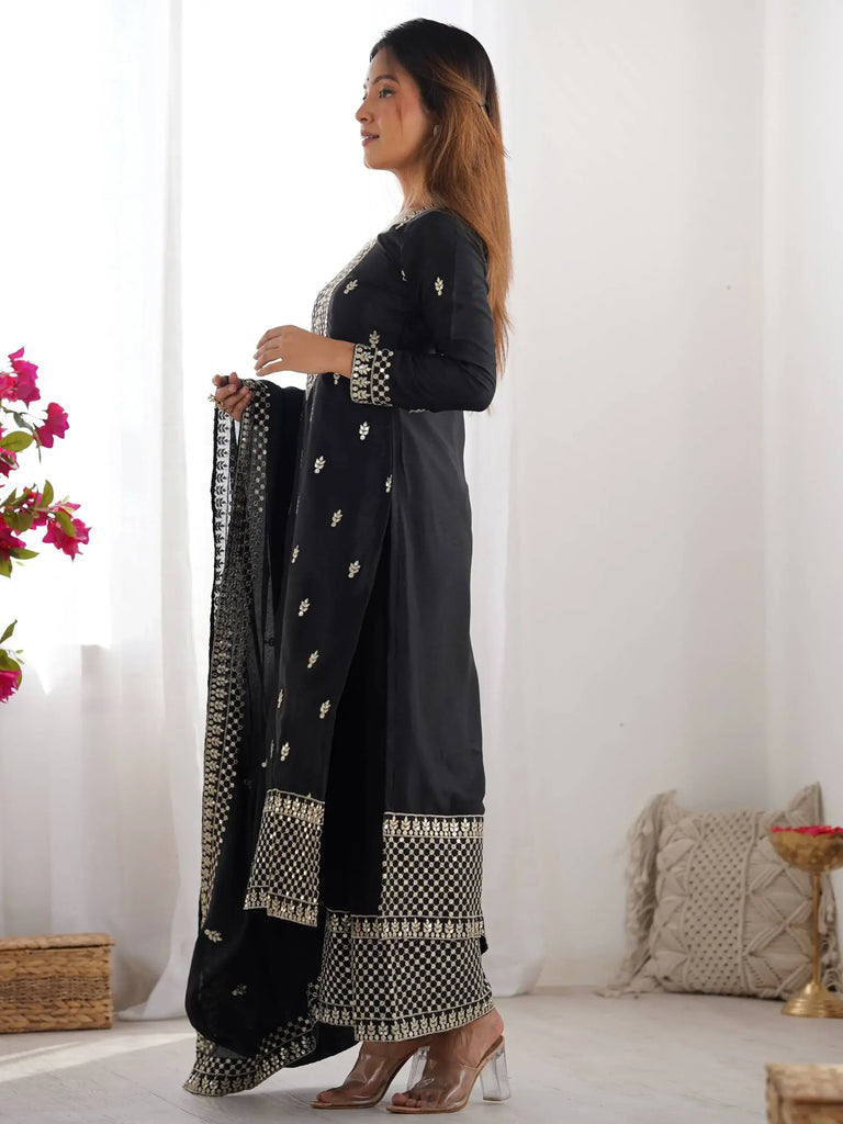 Impressive Black Sequins Chinon Silk Festive Wear Palazzo Suit With Dupatta