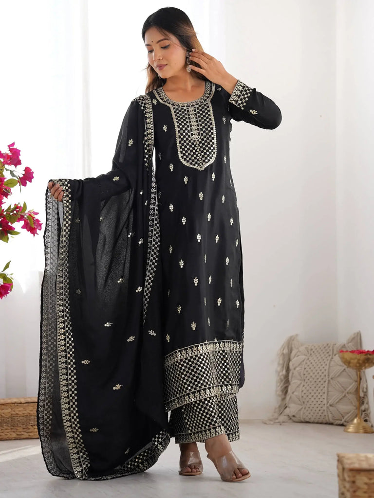 Impressive Black Sequins Chinon Silk Festive Wear Palazzo Suit With Dupatta