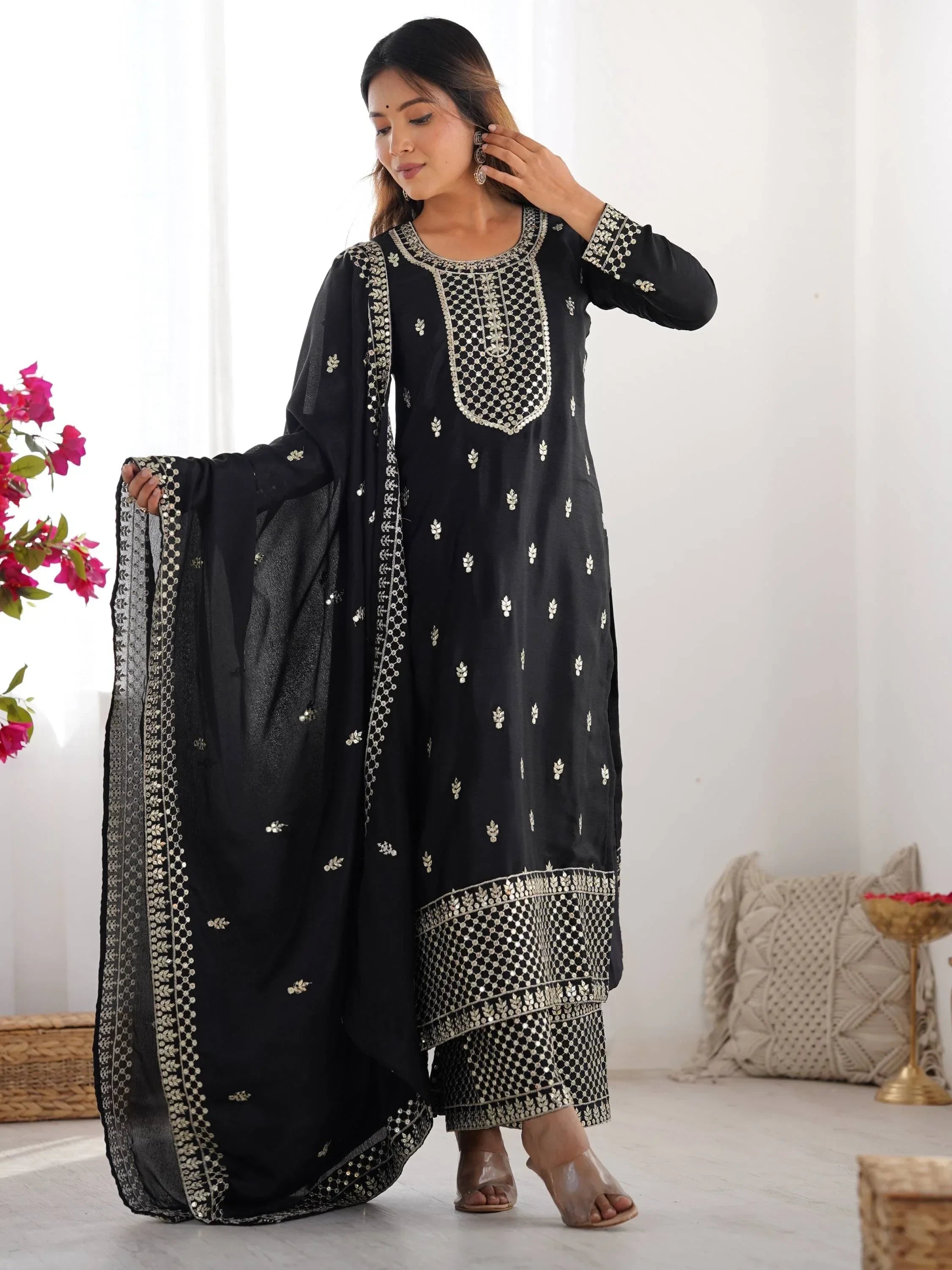 Impressive Black Sequins Chinon Silk Festive Wear Palazzo Suit With Dupatta