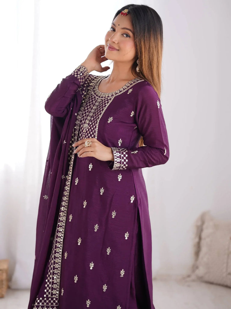 Awesome Purple Sequins Chinon Silk Party Wear Palazzo Suit With Dupatta