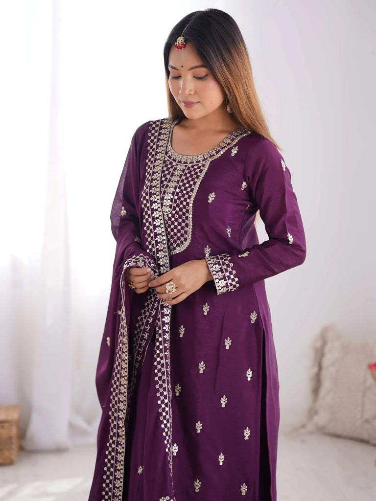 Awesome Purple Sequins Chinon Silk Party Wear Palazzo Suit With Dupatta