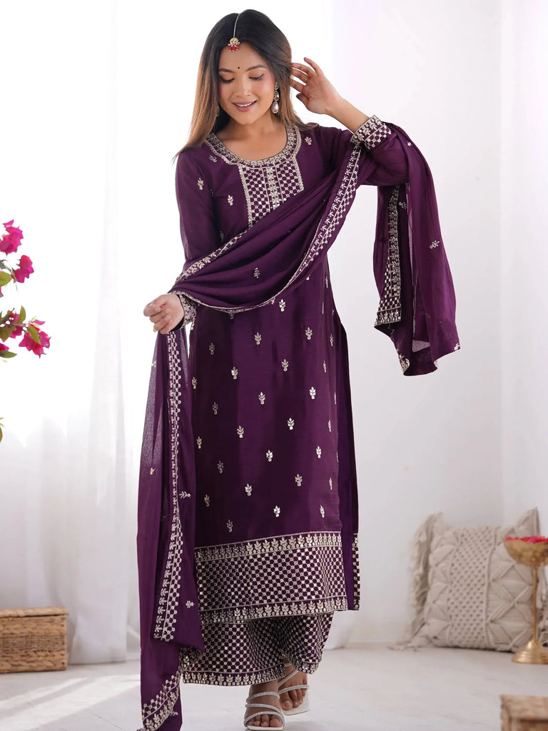 Awesome Purple Sequins Chinon Silk Party Wear Palazzo Suit With Dupatta