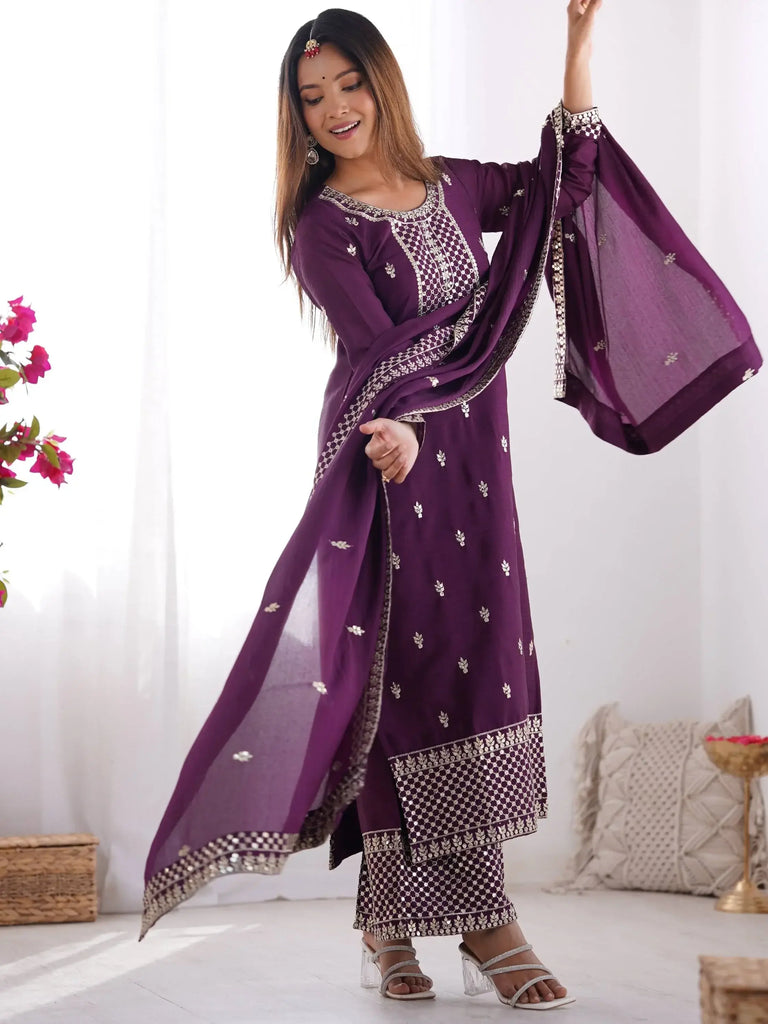 Awesome Purple Sequins Chinon Silk Party Wear Palazzo Suit With Dupatta