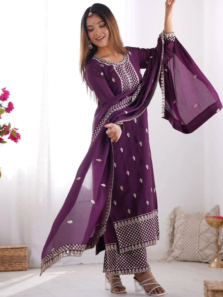 Awesome Purple Sequins Chinon Silk Party Wear Palazzo Suit With Dupatta