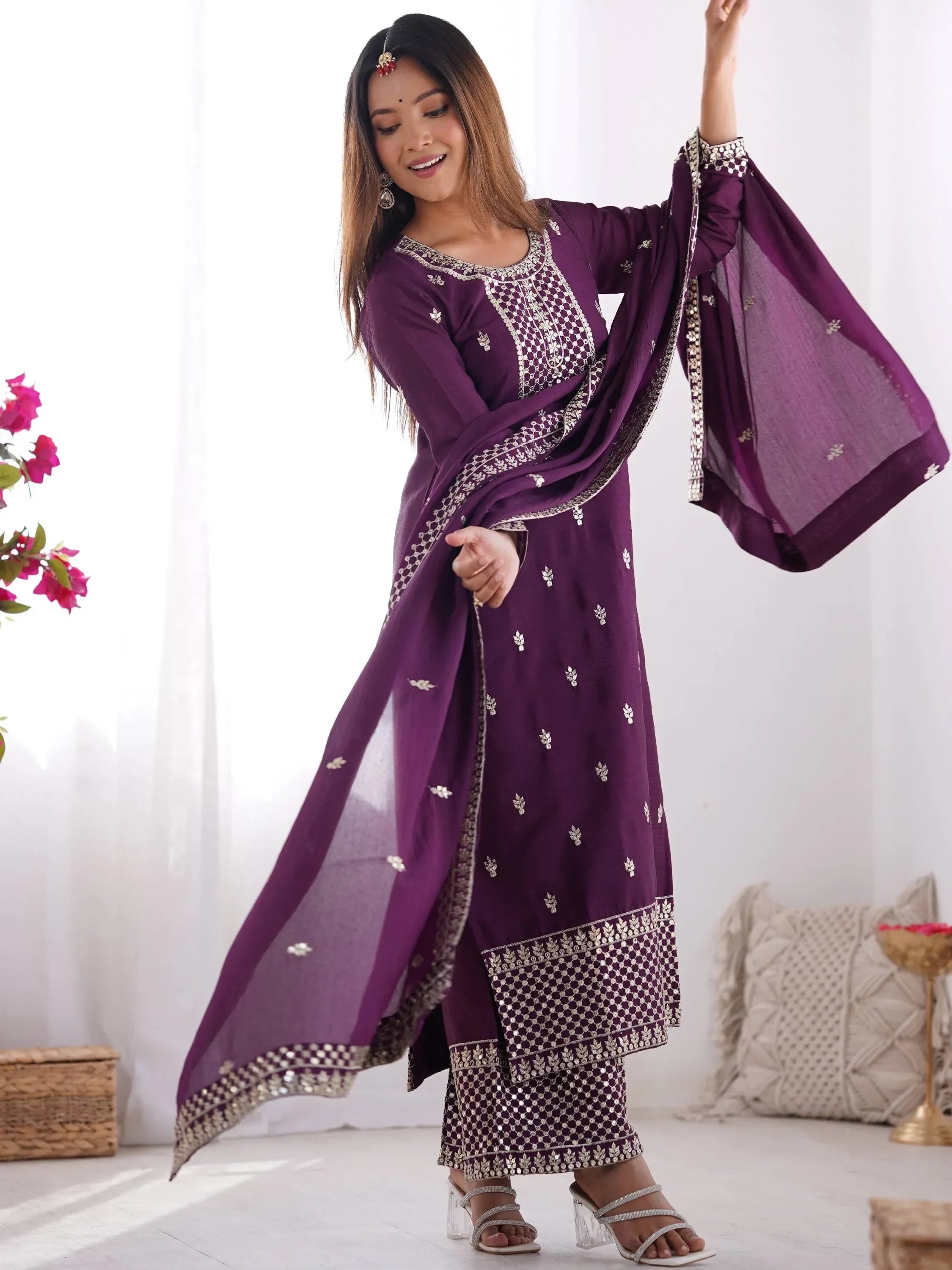 Awesome Purple Sequins Chinon Silk Party Wear Palazzo Suit With Dupatta
