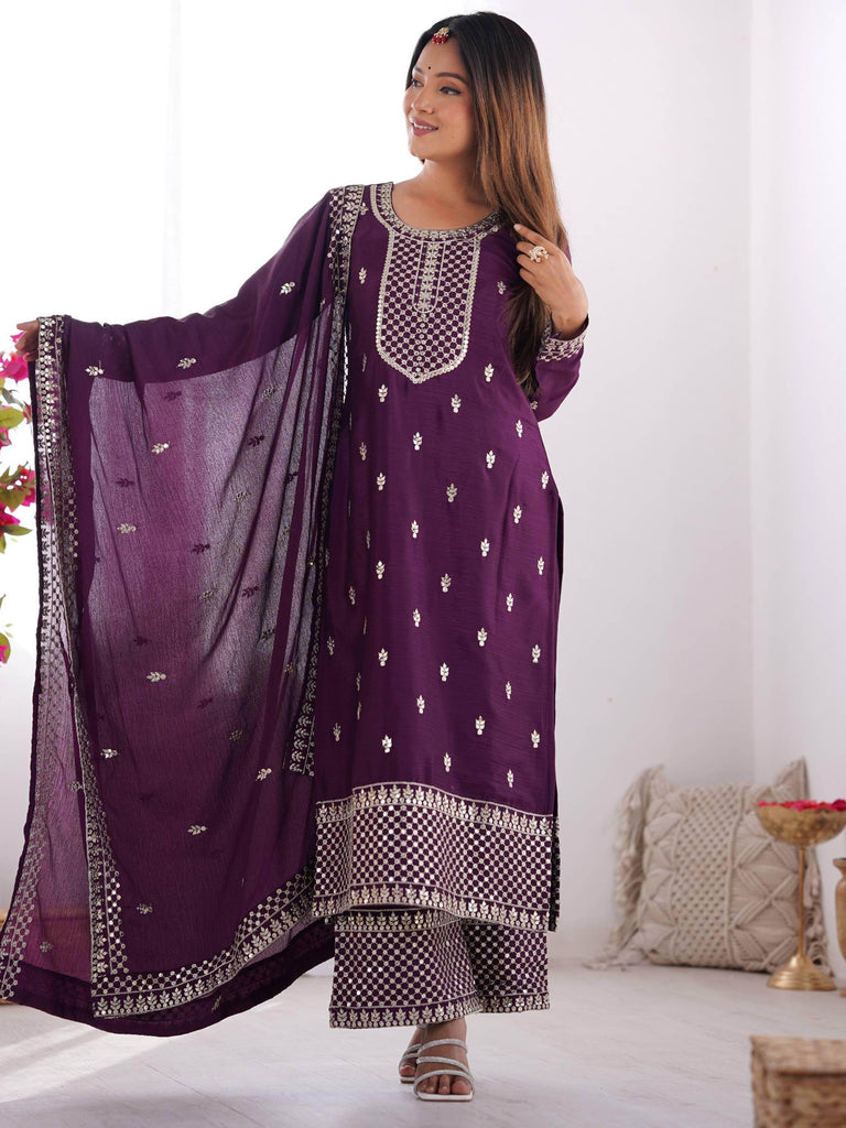 Awesome Purple Sequins Chinon Silk Party Wear Palazzo Suit With Dupatta