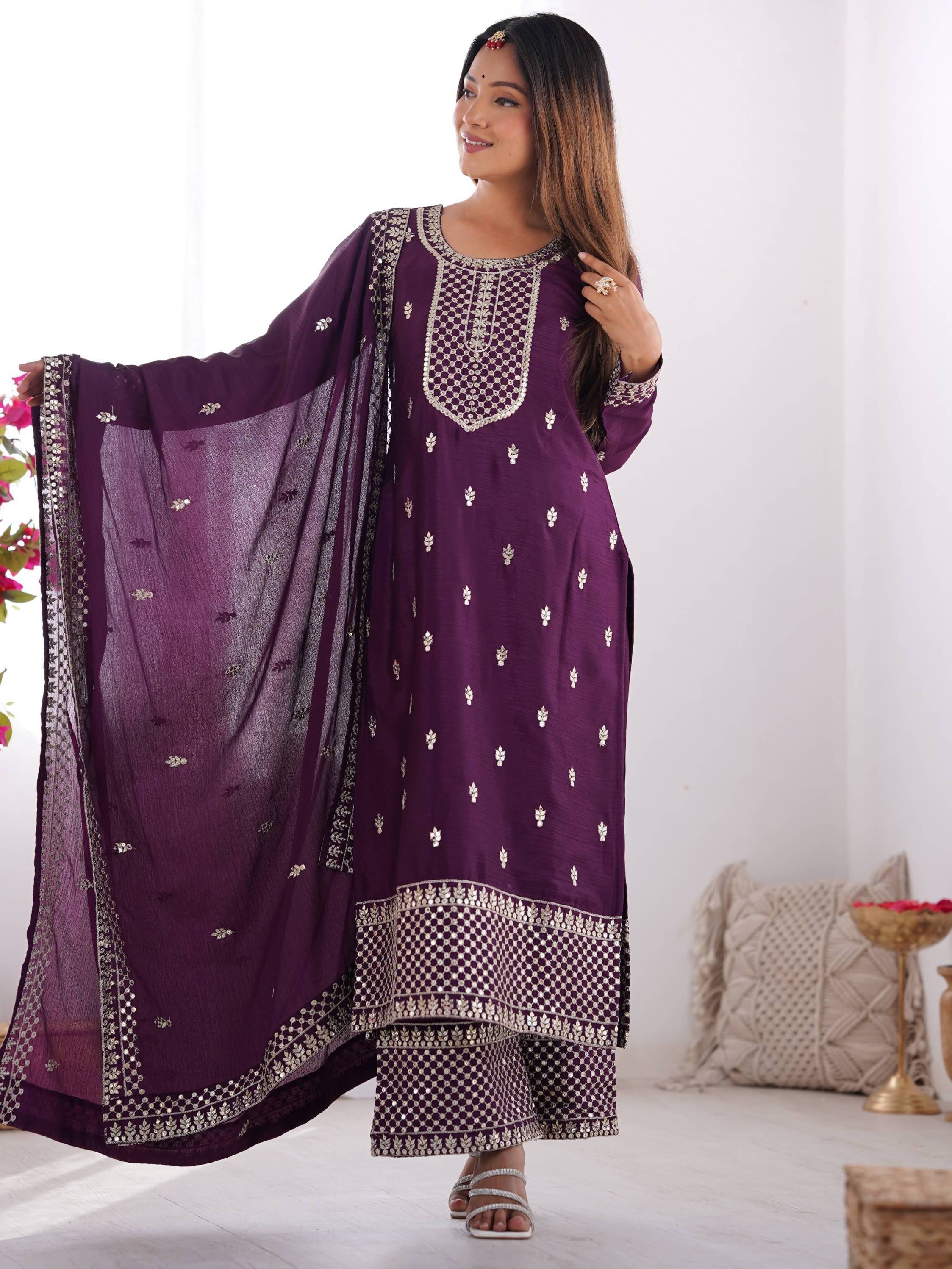 Awesome Purple Sequins Chinon Silk Party Wear Palazzo Suit With Dupatta