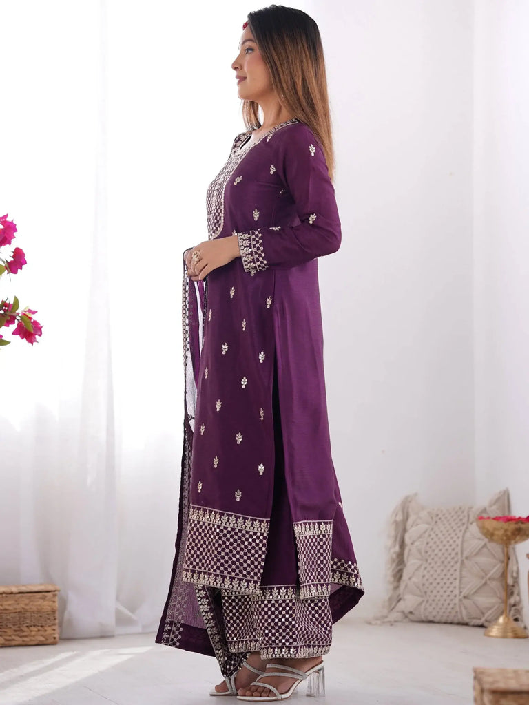 Awesome Purple Sequins Chinon Silk Party Wear Palazzo Suit With Dupatta