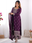 Awesome Purple Sequins Chinon Silk Party Wear Palazzo Suit With Dupatta