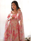 Stunning Peach Floral Printed Georgette Festival Wear Anarkali Pant Suit