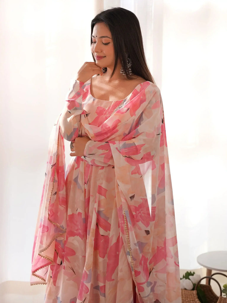 Stunning Peach Floral Printed Georgette Festival Wear Anarkali Pant Suit
