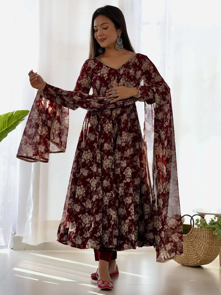Beautiful Maroon Floral Printed Georgette Anarkali Suit With Dupatta