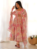 Stunning Peach Floral Printed Georgette Festival Wear Anarkali Pant Suit