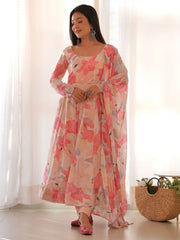 Stunning Peach Floral Printed Georgette Festival Wear Anarkali Pant Suit