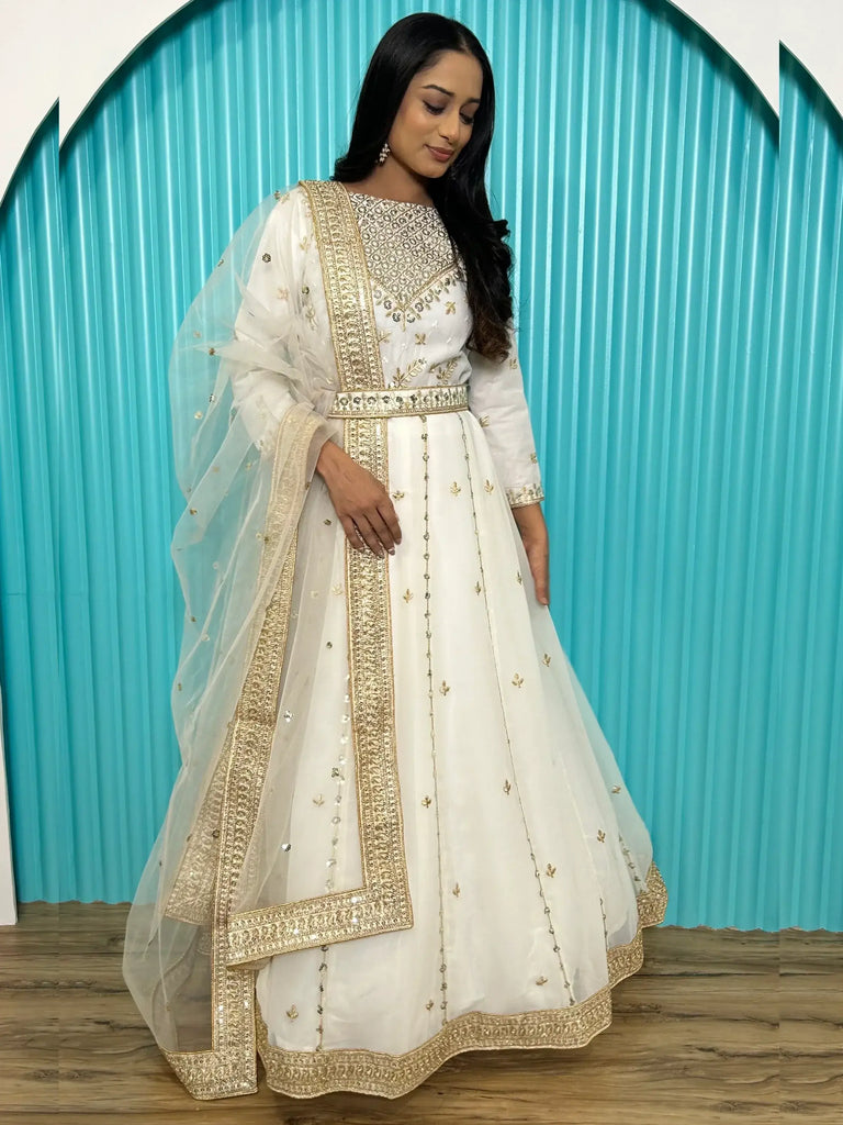 Glamorous White Sequins Georgette Party Wear Gown With Dupatta