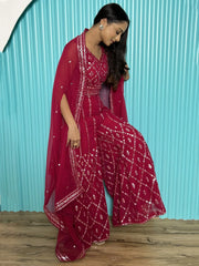 Beautiful Rani Pink Mirror Work Georgette Crop Top Palazzo With Shrug