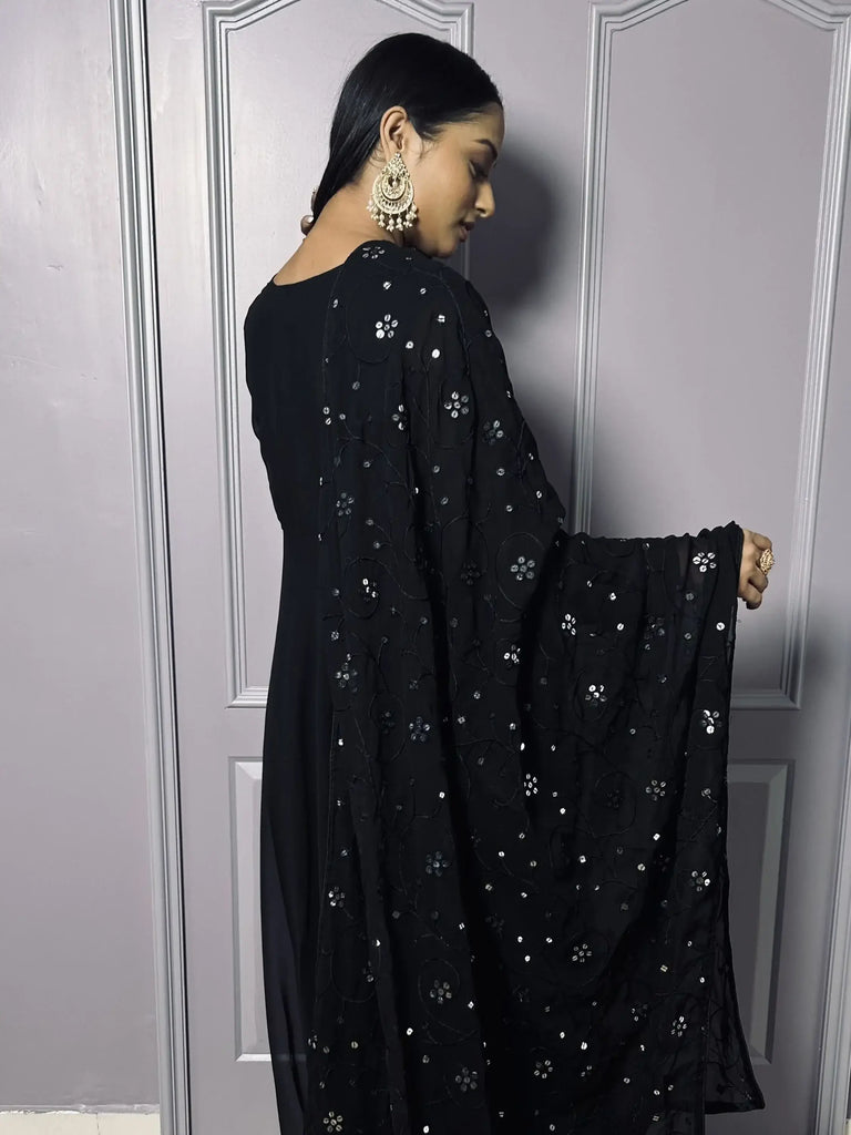 Astonishing Black Georgette Reception Wear Gown With Dupatta