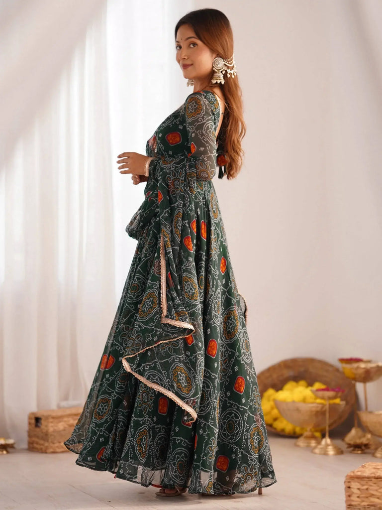 Wonderful Green Bandhej Printed Georgette Casual Wear Anarkali Suit