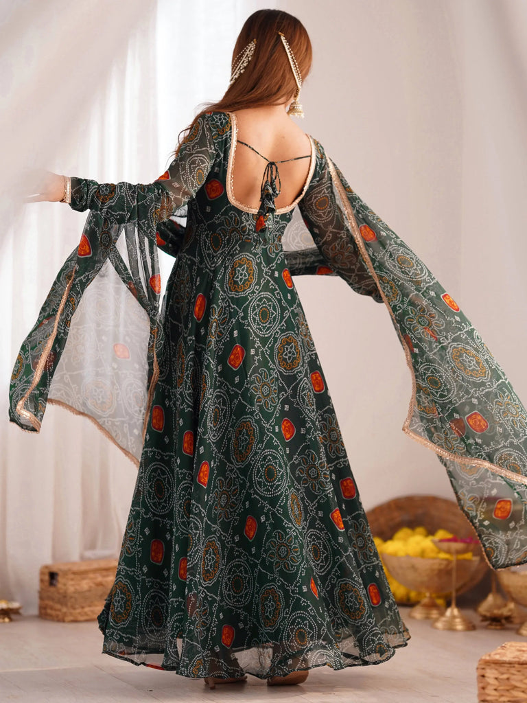 Wonderful Green Bandhej Printed Georgette Casual Wear Anarkali Suit