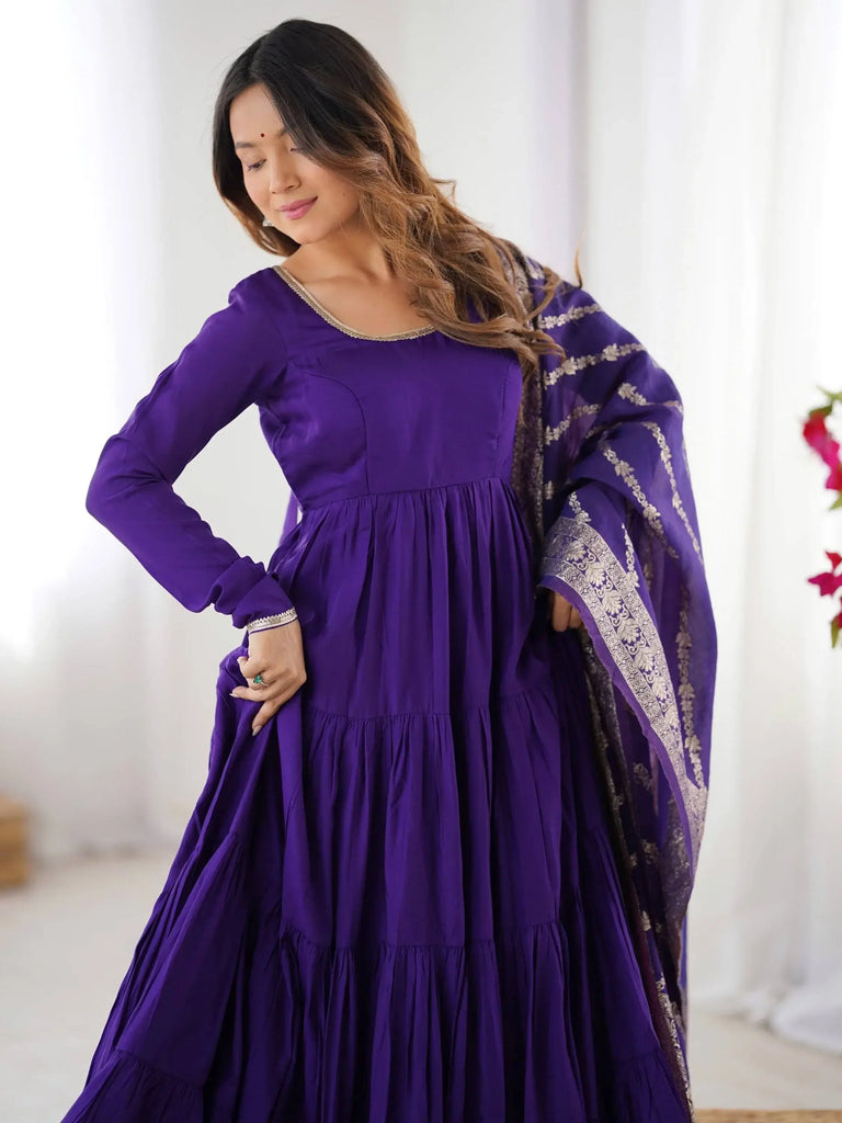 Classic Dark Purple Chanderi Silk Anarkali Suit With Banarasi Silk Dupatta