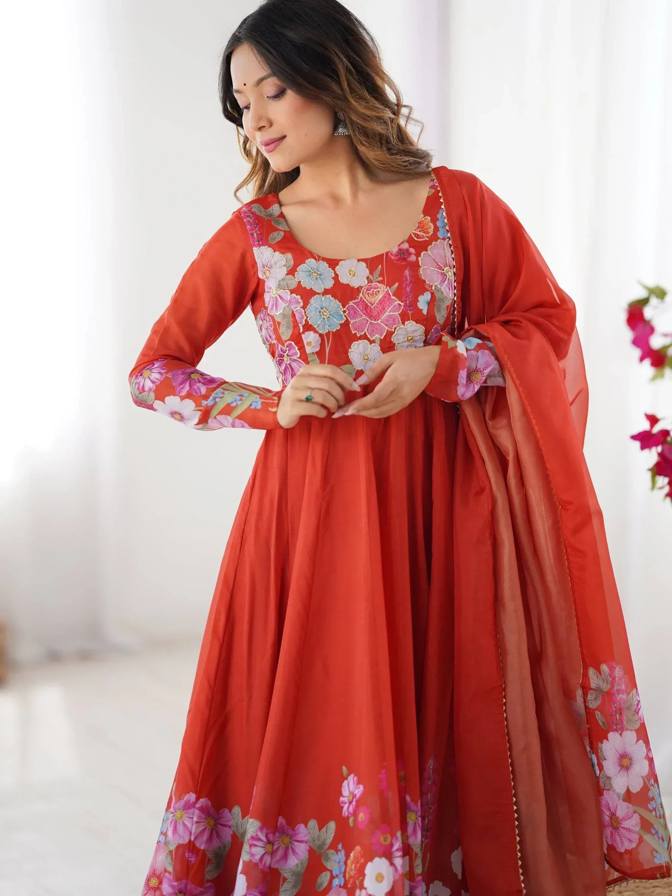 Red floral embroidered Indian ethnic gown with matching dupatta, perfect for festive occasions