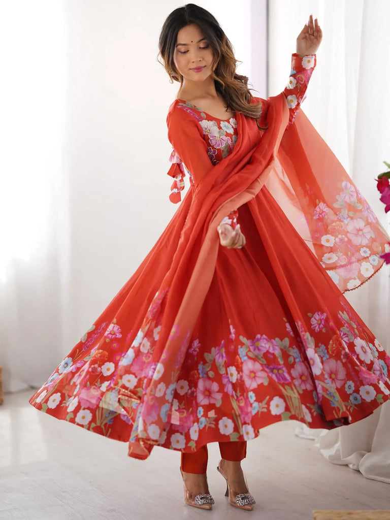 Sweet Orange Floral Printed Organza Festive Wear Anarkali Suit