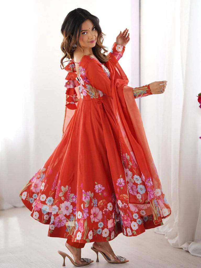 Sweet Orange Floral Printed Organza Festive Wear Anarkali Suit